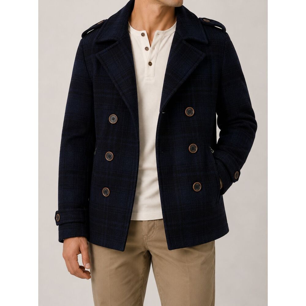 Selected Homme Colin Wool Peacoat Jacket Navy Blue Plaid Double Breasted 175/96A